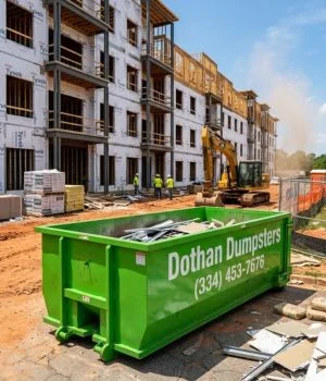 A green open-top commercial roll-off container branded with Dothan Dumpsters at a construction and building site in Houston County.