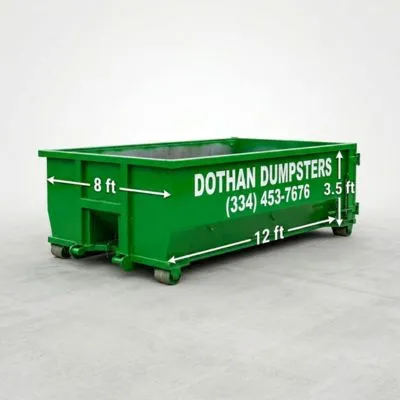 10 yard Dothan Dumpsters roll-off container showing dimensions 12ft long 8ft wide 3.5ft tall