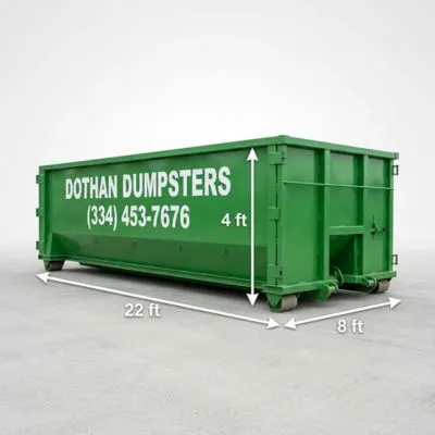 20 yard Dothan Dumpsters roll-off container showing dimensions 22ft long 8ft wide 4ft tall
