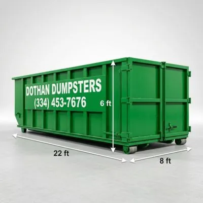 30 yard Dothan Dumpsters roll-off container showing dimensions 22ft long 8ft wide 6ft tall