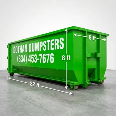 40 yard Dothan Dumpsters roll-off container showing dimensions 22ft long 8ft wide 8ft tall