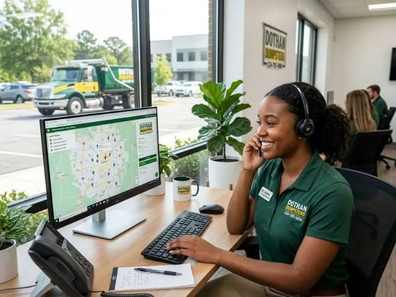 Dothan Dumpsters team member connecting a customer with a local roll-off dumpster provider in Dothan AL