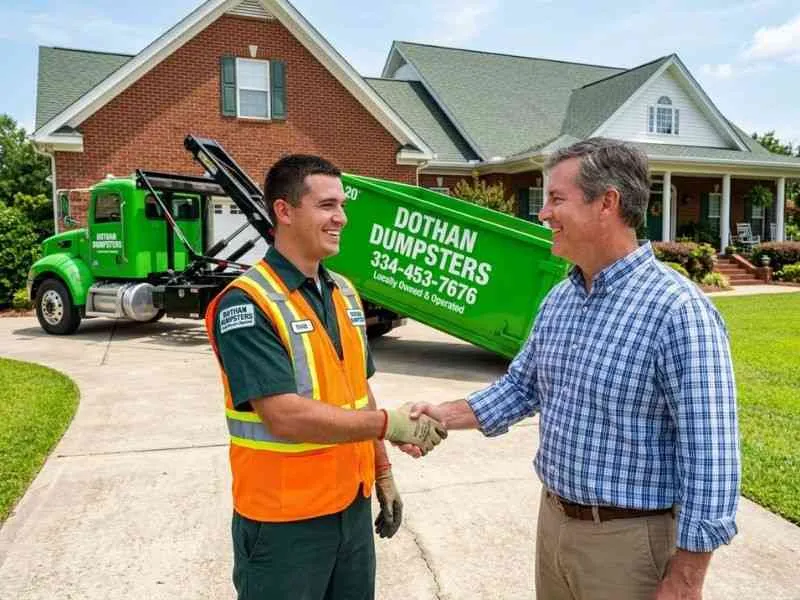 Disclaimer 2 Dothan Dumpsters worker greeting a homeowner during a dumpster delivery in Dothan AL
