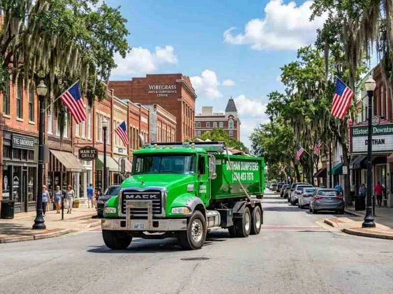 Green Dothan Dumpsters truck driving through downtown Dothan AL serving the local community