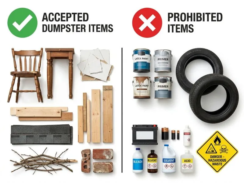 Visual guide showing accepted and prohibited items for Dothan Dumpsters roll-off container rental in Dothan AL