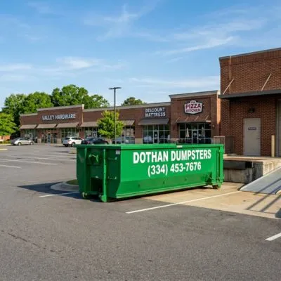 Commercial dumpster rental in Dothan AL with green Dothan Dumpsters container behind a retail shopping center