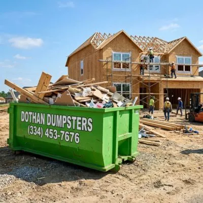 Construction dumpster rental in Dothan AL with green Dothan Dumpsters container at a residential building site