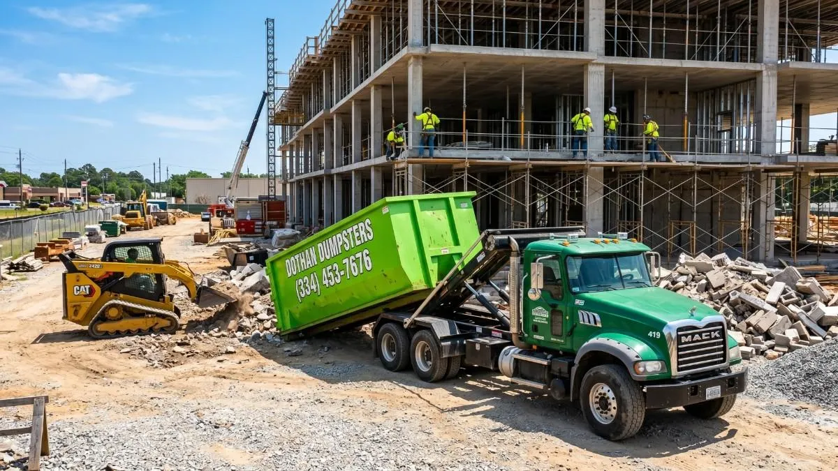 Construction dumpster rental at a job site in Dothan AL