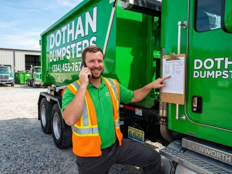 Dothan Dumpsters worker answering a customer call ready to schedule a dumpster delivery in Dothan AL
