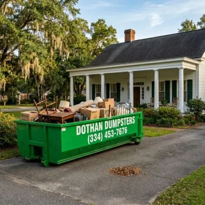 Estate cleanout service in Dothan AL with green Dothan Dumpsters container full of household items in front of an older home