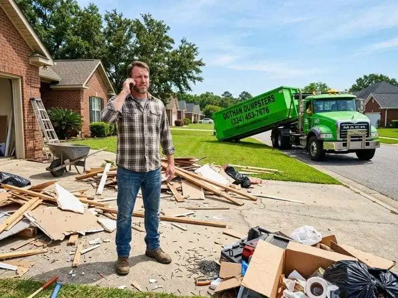 Homeowner in Dothan AL driveway with renovation debris while a Dothan Dumpsters roll-off container arrives for same-day delivery