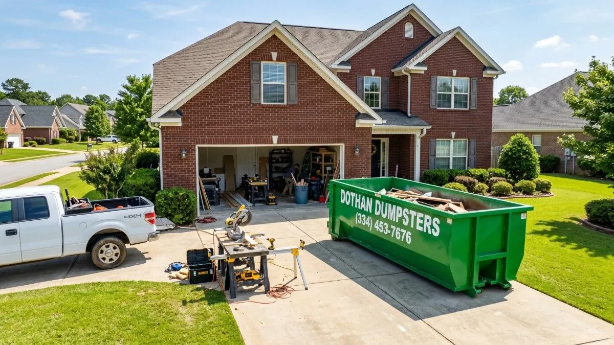 Residential Dumpster Rental 2 Green Dothan Dumpsters roll-off container on a driveway during a home remodel project