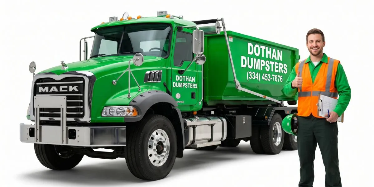 Dothan Dumpsters truck and worker ready for yard waste pickup in Dothan AL