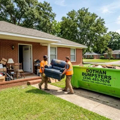 Junk removal service in Dothan AL with workers carrying old furniture to a green Dothan Dumpsters container