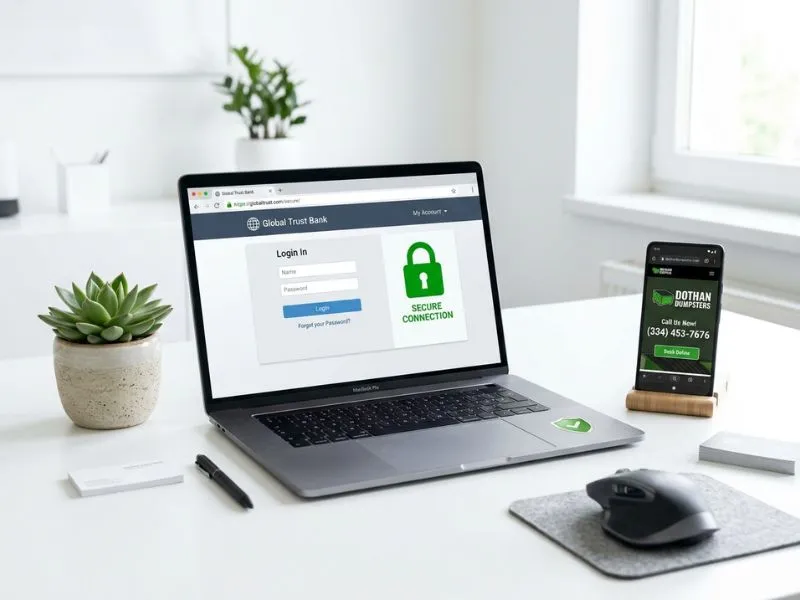 Secure laptop and smartphone showing Dothan Dumpsters website representing data privacy and protection