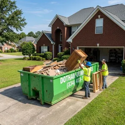 Residential dumpster rental in Dothan AL with workers loading renovation debris into a green Dothan Dumpsters container