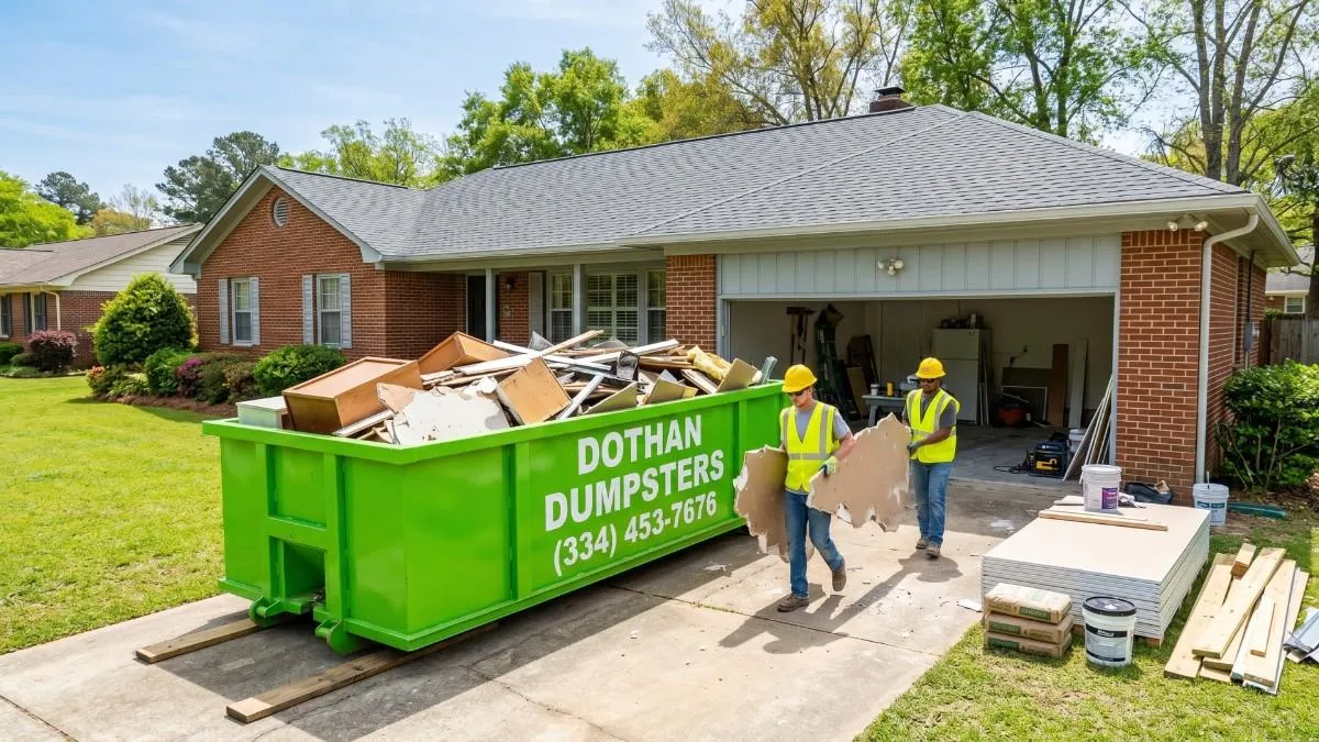 Construction roll-off dumpster on a renovation site in Dothan AL