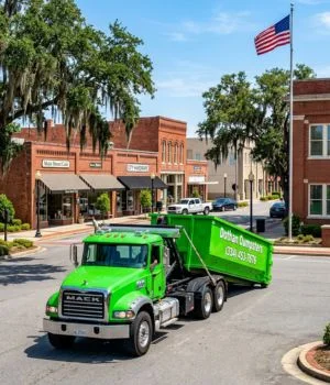 A green Dothan Dumpsters roll-off delivery truck driving down a historic downtown street in Dothan, Alabama.