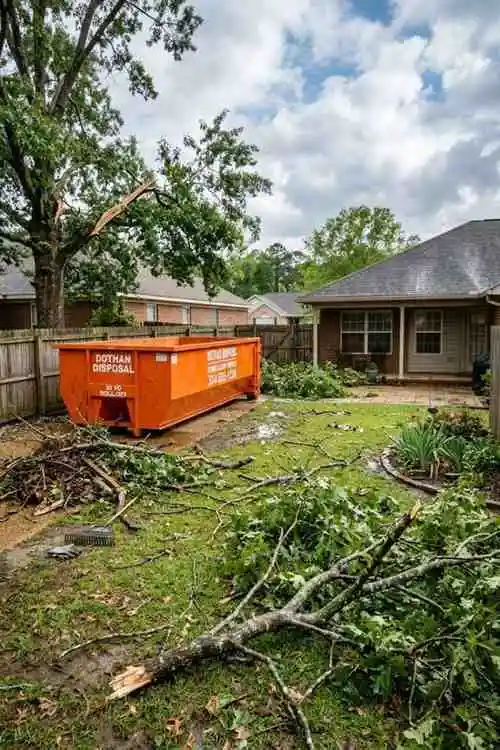 An orange roll-off dumpster rental parked in a residential backyard in Dothan, Alabama, for storm debris and fallen tree branches cleanup.