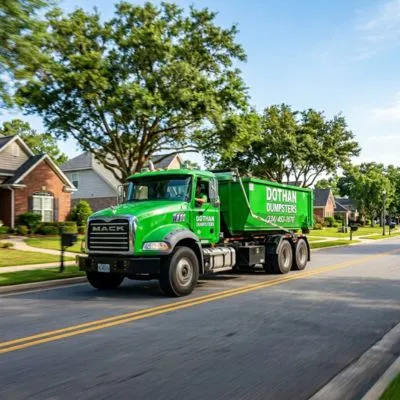 Same day dumpster rental delivery in Dothan AL with green Dothan Dumpsters truck rushing through a neighborhood