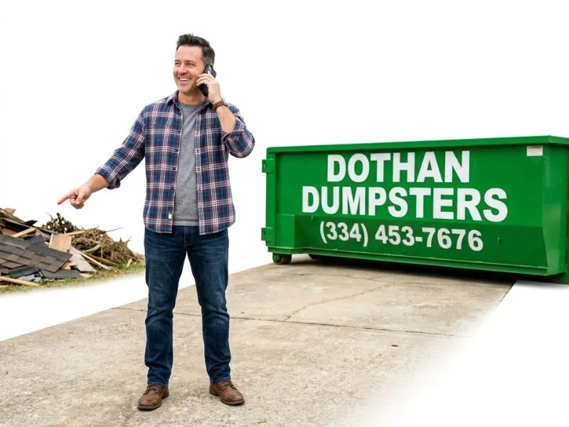 Homeowner calling Dothan Dumpsters to book a roll-off dumpster rental in Dothan AL