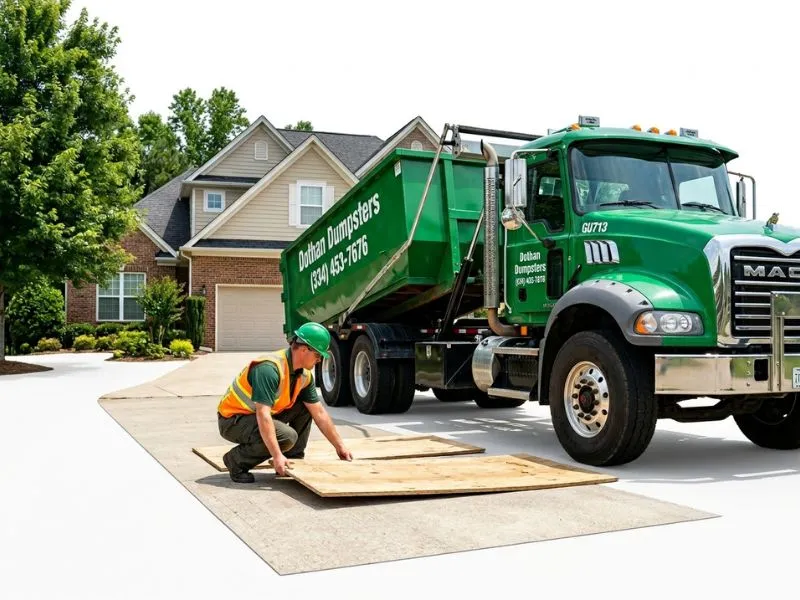 Dothan Dumpsters driver delivering a roll-off container on a driveway in Dothan AL