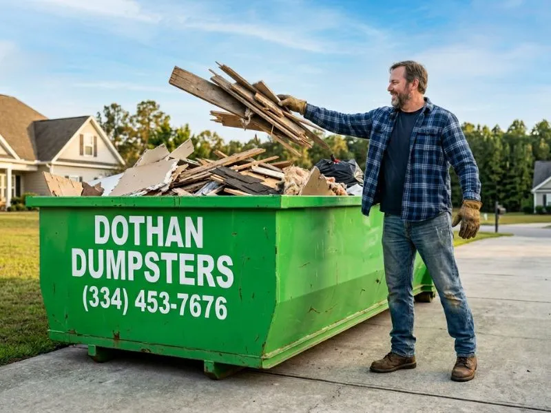 Homeowner loading debris into a green Dothan Dumpsters roll-off container in Dothan AL