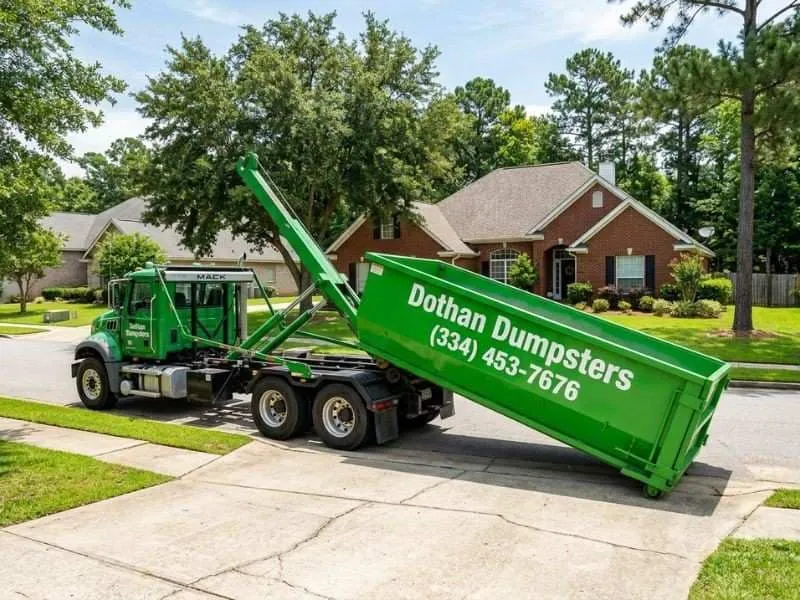 Green Dothan Dumpsters roll-off container being delivered off a truck onto a residential driveway in Dothan AL