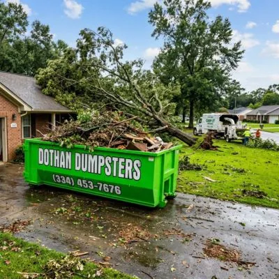 Yard waste dumpster rental in Dothan AL with green Dothan Dumpsters container full of storm debris and tree branches