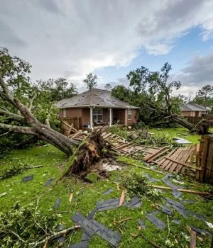 Fallen trees and flattened fences in a residential backyard after a spring storm in Dothan, requiring storm debris emergency cleanup services.